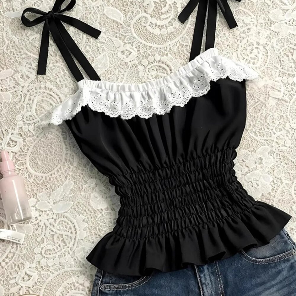 Figure-Flattering Black Lace Patchwork Cami Sweet - image 1